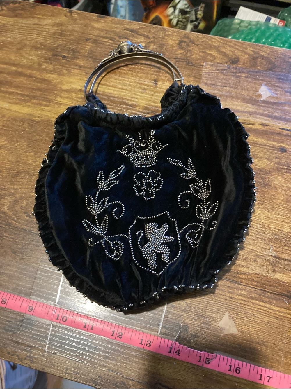 Vintage black velvet with silver micro beads evening bag